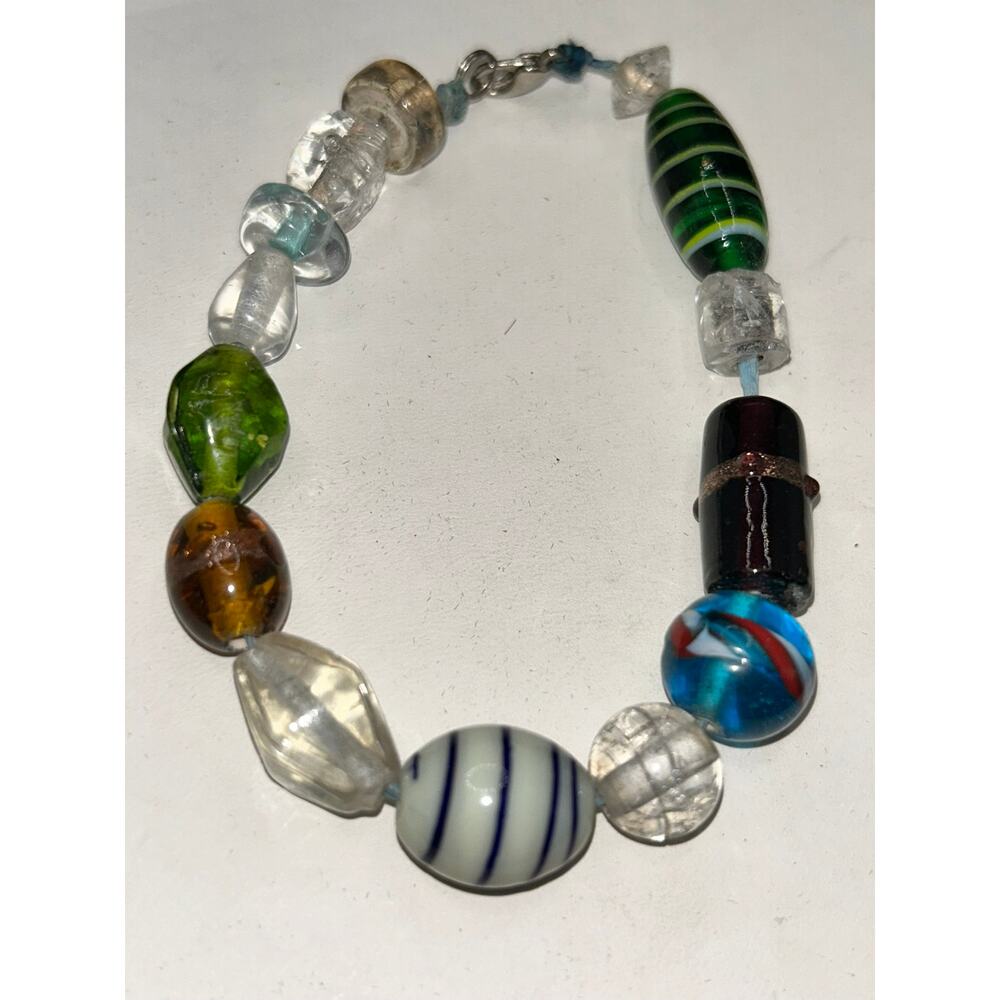 Handmade Artisan Lampwork Glass Bead Bracelet - Colorful Mixed Media - 7"